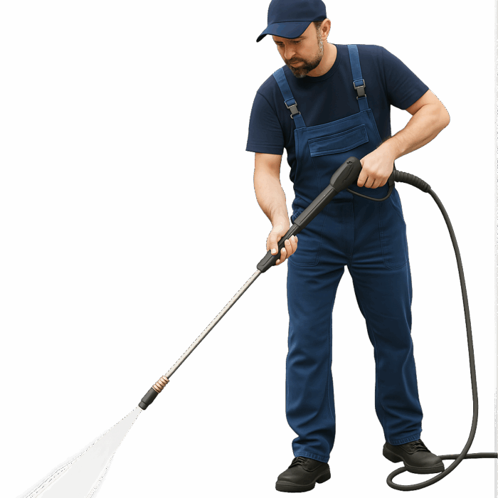 a man in the middle of jet washing