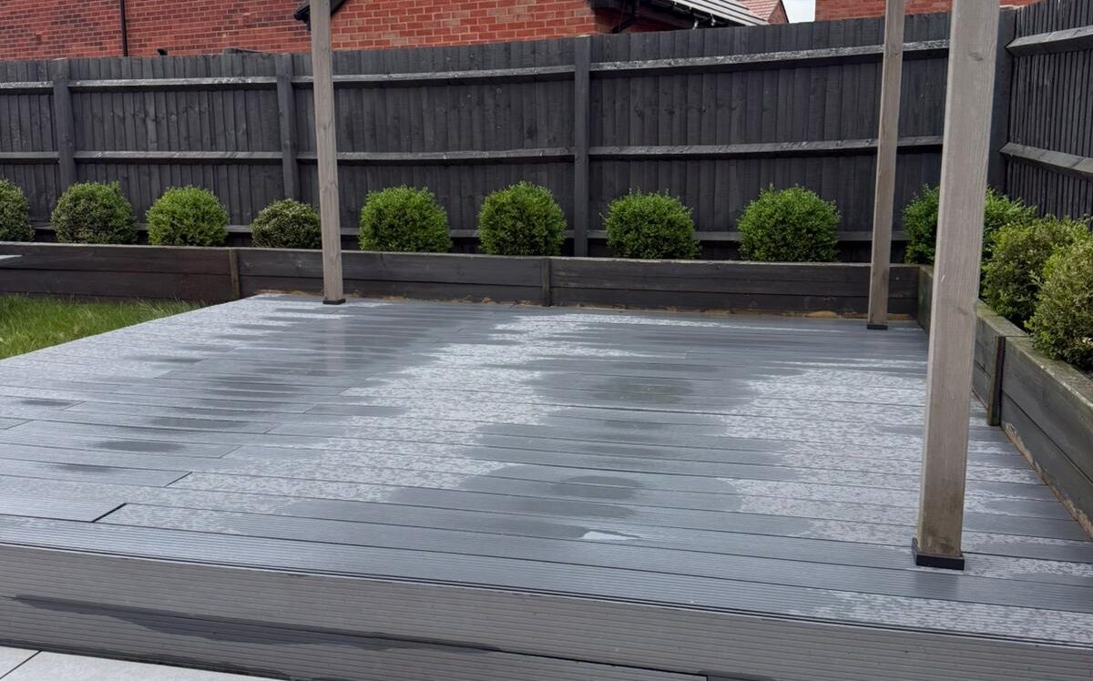 clean and wet decking after pressure washing