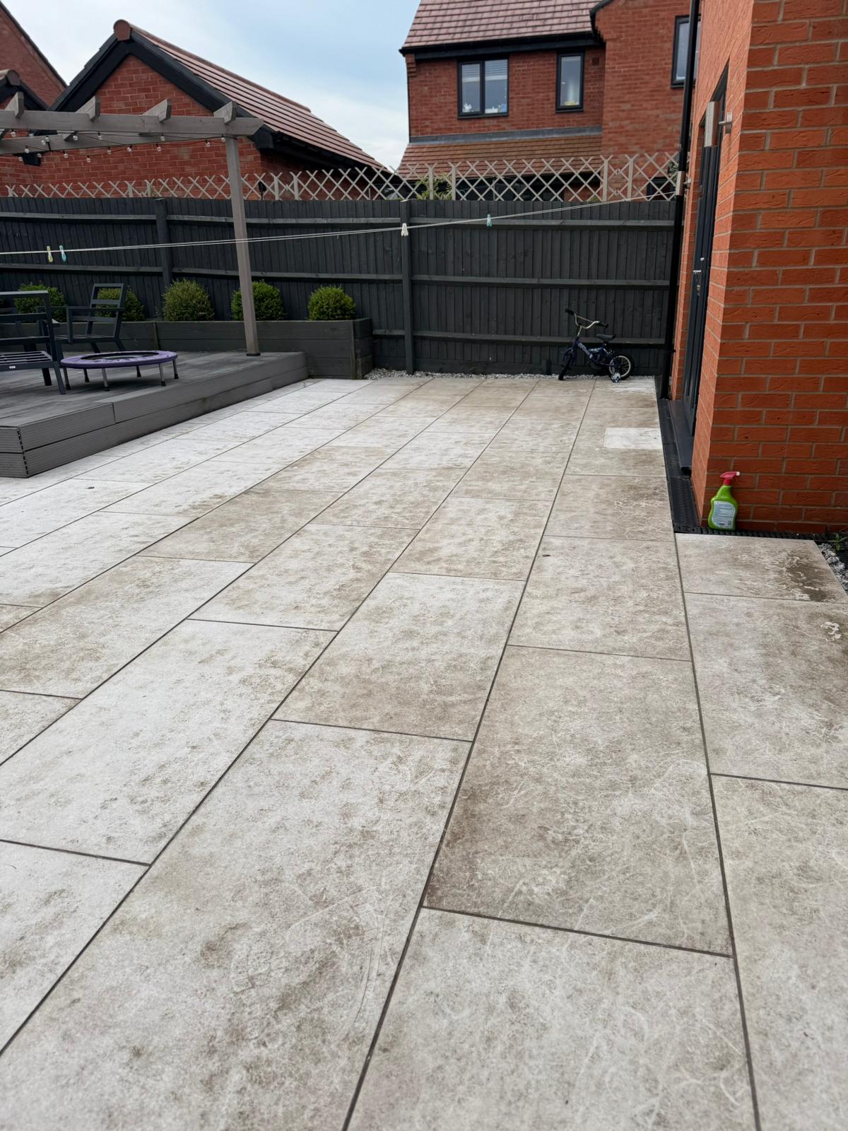 dirty concrete slabs in garden stained