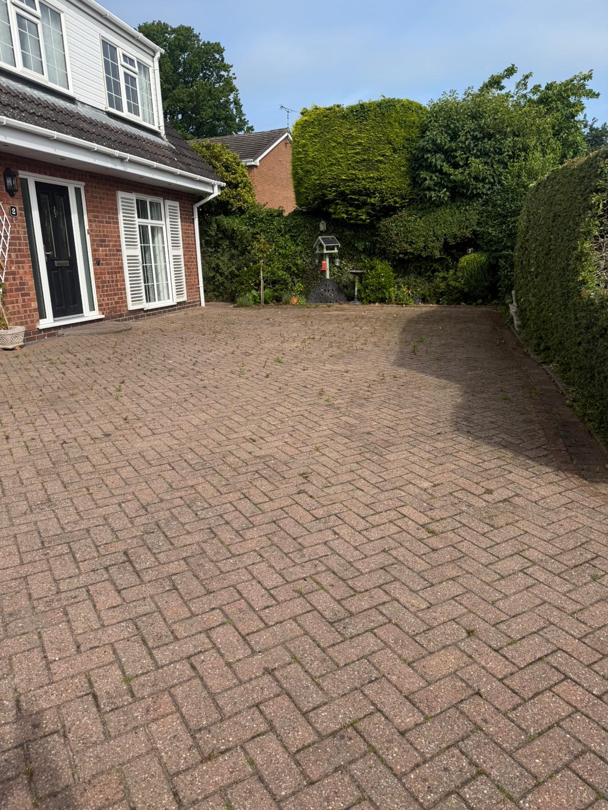 dirty driveway in front of large house sprouting with weeds and moss