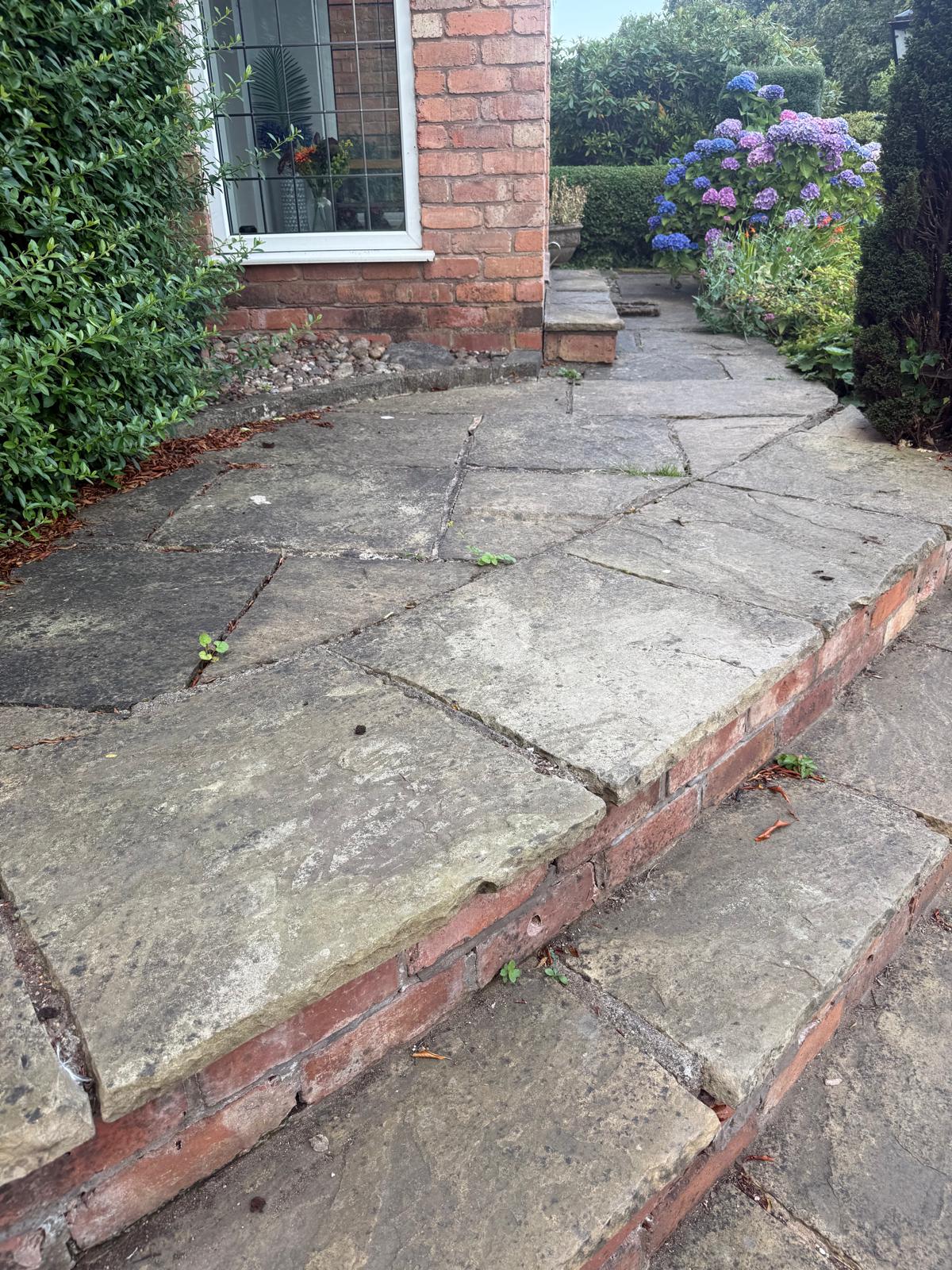 dirty large slab steps up to front of house