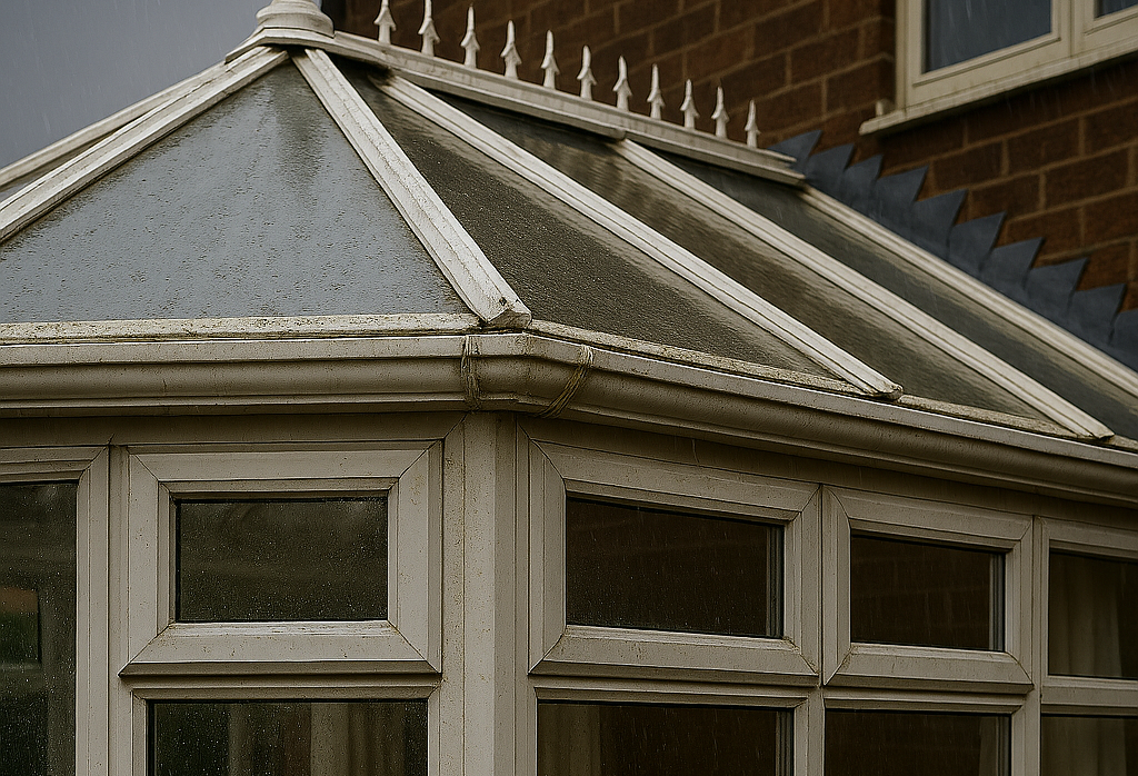 close up of sills and gutter on a dirty conservatory