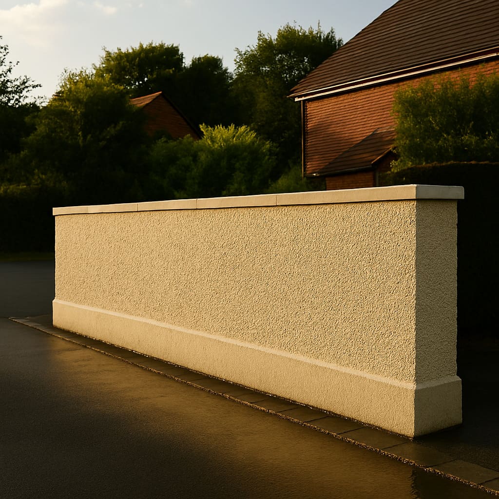render wall at the end of a homes driveway wet floor and surface after professional render cleaning