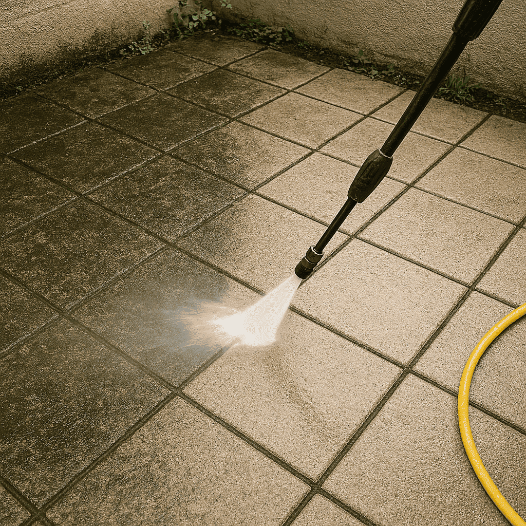 A dirty stone patio being pressure washed