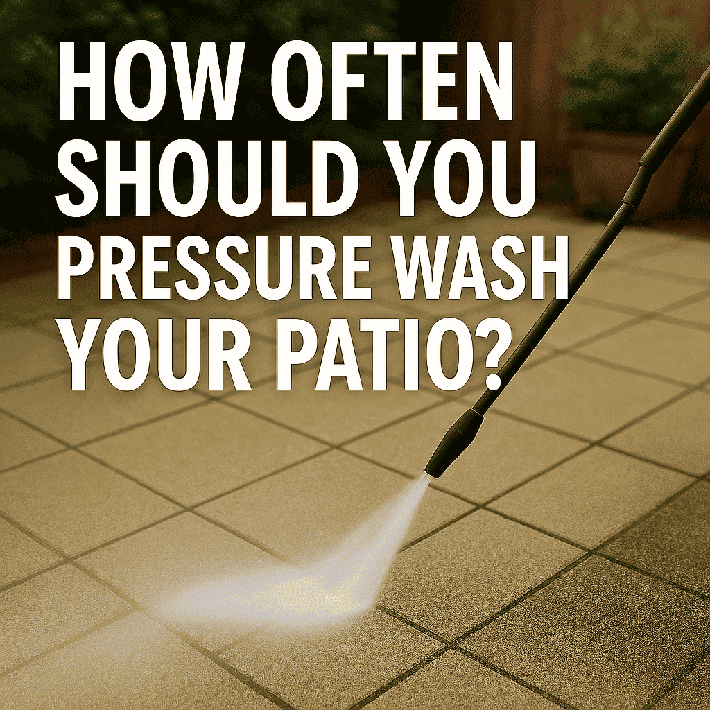 how often should you pressure wash your patio featued image of garden patio being pressure washed and cleaned